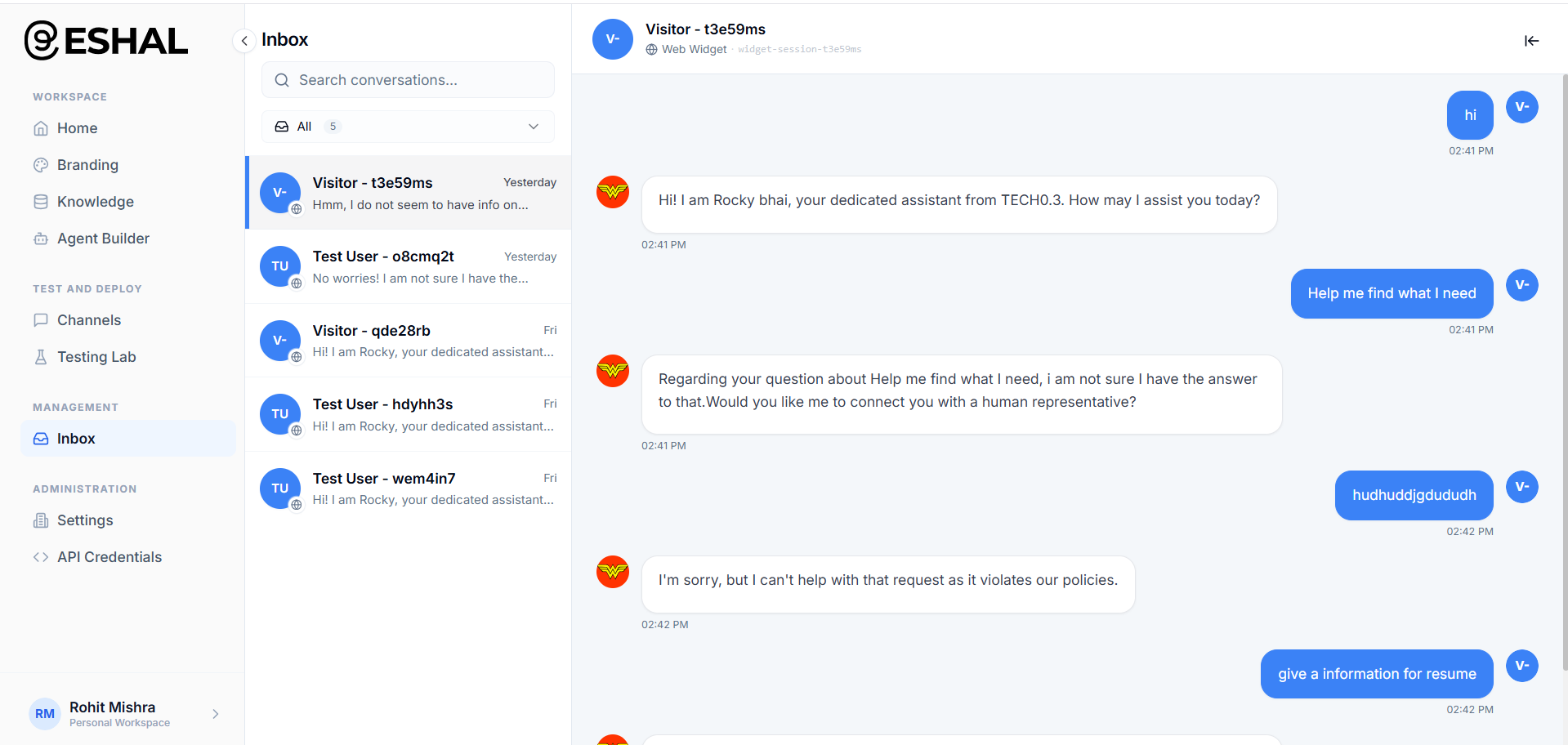 Eshal Inbox - live conversation management with full context