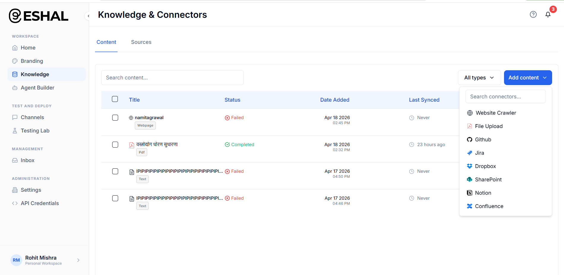 Eshal Knowledge & Connectors - Website Crawler, File Upload, GitHub, Notion, Confluence